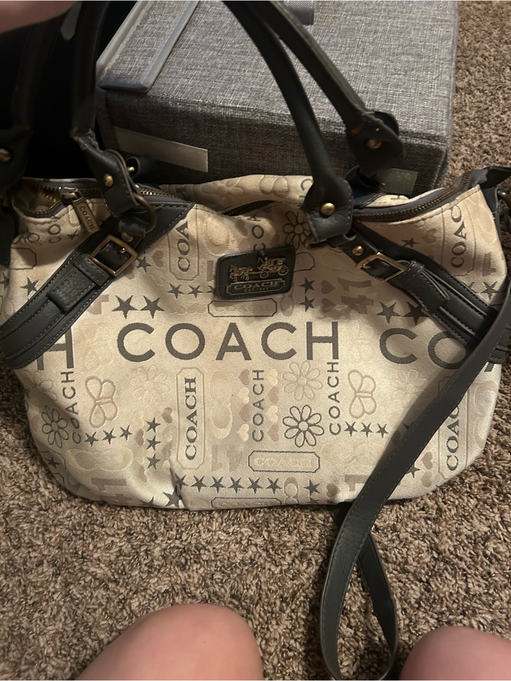 Vintage Coach Beige Logo Canvas Shoulder/ Crossbody Bag with grey Trim
